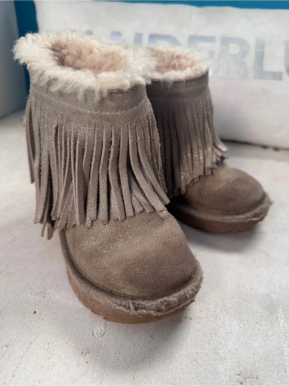 UGG Taupe Fringe Shearling Short Boots